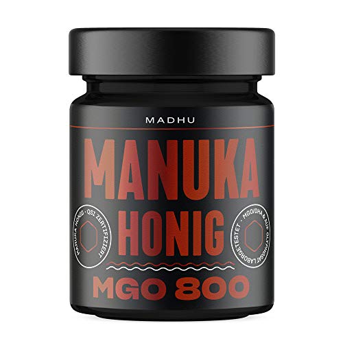 Madhu Honey Manuka Honig MGO 800 im hochwertigen Glas – zertifizierter Methylglyoxal-Gehalt – direkt vom Imker aus Neuseeland, abgefüllt in Hamburg (250g) von Madhu PureRawHoney
