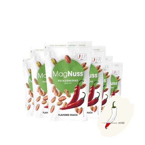 MagNuss Pistazienkerne | Sweet Chili | 6x 100g-Packung | Knackige Pistazienkerne mit würzigem Chili-Aroma | vegan MagNuss Pistazienkerne | Sweet Chili | 6x 100g-Packung | Knackige Pistazienkerne mit würzigem Chili-Aroma | vegan von MagNuss