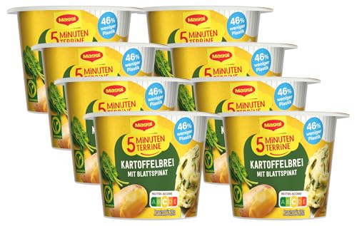 MAGGI 5 Minuten Terrine Kartoffelbrei mit Blattspinat, leckeres Fertiggericht mit Spinat, Instant Kartoffel-Püree, Kartoffel-Snack. 8er Pack (8 x 47 g) von Maggi