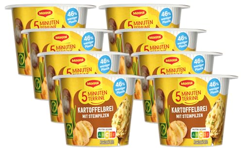 MAGGI 5 Minuten Terrine Kartoffelbrei mit Steinpilzen, leckeres Fertiggericht, Instant Kartoffel-Püree, herzhafter Kartoffel-Snack, 8er Pack (8 x 43 g) von Maggi