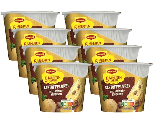 MAGGI 5 Minuten Terrine Kartoffelbrei: Fleischklößchen, leckeres Fertiggericht mit Rindfleisch, Instant Kartoffel-Püree, Kartoffel-Snack, 8er Pack (8 x 46g) von Maggi