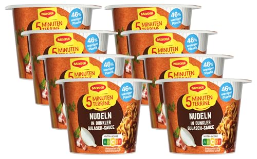 Maggi 5 Minuten Terrine Nudeln in dunkler Gulasch-Sauce, leckeres Fertiggericht, Instant-Nudeln mit herzhaften Rindfleisch-Würfeln, 8er Pack (8 x 60g) von Maggi