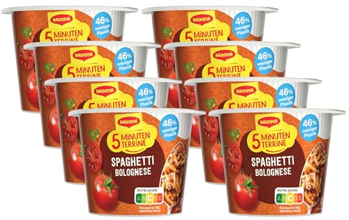 MAGGI 5 Minuten Terrine Spaghetti Bolognese, leckeres Fertiggericht, Instant-Nudeln, mit Hackfleisch, 8er Pack (8 x 60g) von Maggi