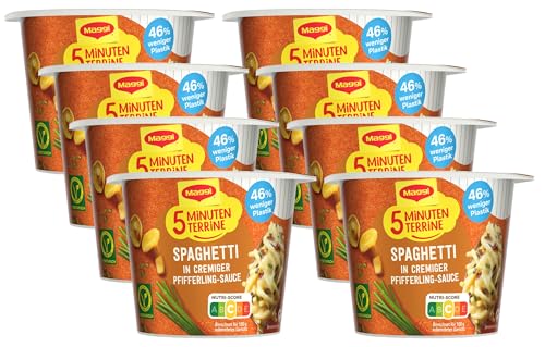 MAGGI 5 Minuten Terrine Spaghetti in Pfifferling-Rahmsauce, leckeres Fertiggericht, Instant-Nudeln, mit Pilzen, 8er Pack (8 x 54g) von Maggi