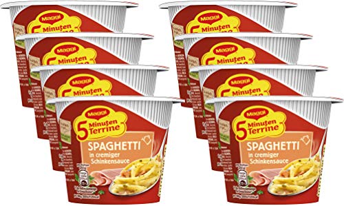 MAGGI 5 Minuten Terrine Spaghetti in cremiger Schinkensauce, leckeres Fertiggericht, Instant-Nudeln, Eiernudeln mit geräuchertem Speck, 16er Pack (8 x 64g) von Maggi