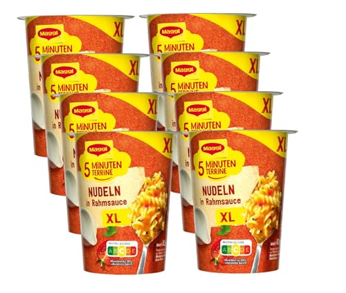 MAGGI 5 Minuten Terrine XL Nudeln in Rahmsauce, leckeres Fertiggericht, Instant Nudeln, mit Rahm, 8er Pack (8 x 83g) von Maggi