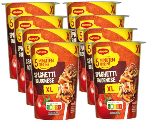 MAGGI 5 Minuten Terrine XL Spaghetti Bolognese, leckeres Fertiggericht, Instant Nudeln, mit Hackfleisch, 8er Pack (8 x 81g) von Maggi