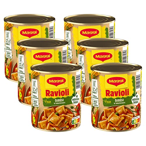 MAGGI Gemüse-Ravioli in Tomatensauce: Teigtaschen in Tomaten-Gemüsesauce, ohne Fleisch (vegan), leckeres Camping-Essen, 6er Pack (6 x 800g) von Maggi