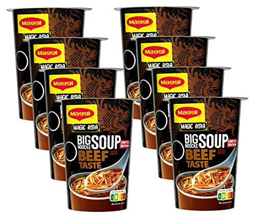 MAGGI Magic Asia Big Noodle Soup Beef Taste, Suppe mit Instant-Nudeln, asiatisches Fertiggericht, Rind-Geschmack, mit Gemüse verfeinert, 8er Pack (8 x 78 g) von Maggi