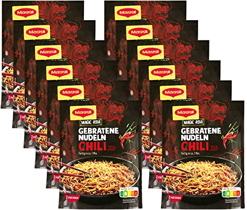 MAGGI Magic Asia Gebratene Nudeln Chili, leckeres Fertiggericht, Instant-Nudeln, mit scharfer Chili & Gemüsestückchen, asiatisch gewürzt, 12er Pack (12 x 122g) von Maggi