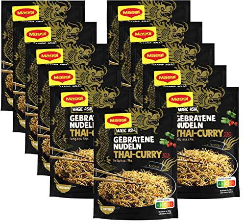 MAGGI Magic Asia Gebratene Nudeln Thai Curry, asiatisches Fertiggericht, Instant-Nudeln, mit Gemüse & cremiger Kokosmilch, scharf gewürzt, 11er Pack (11 x 130g) von Maggi