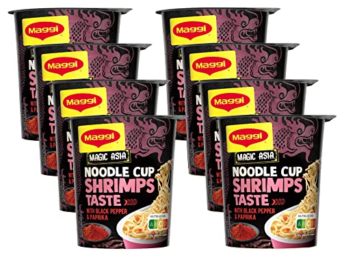 MAGGI Magic Asia Noodle Cup Shrimps, Instant Nudel-Snack, asiatisches Fertiggericht, mit Shrimp-Geschmack, scharf gewürzt, 8er Pack (8x64g) von Maggi