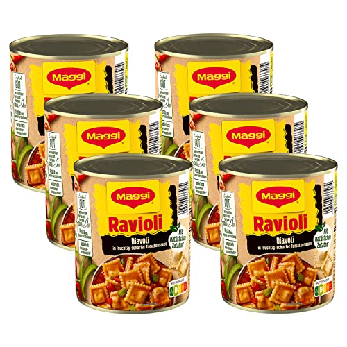 MAGGI Ravioli Diavoli, Teigtaschen mit Fleischfüllung, in fruchtig-scharfer Tomatensauce, für Topf & Mikrowelle, 6er Pack (6 x 800 g) von Maggi