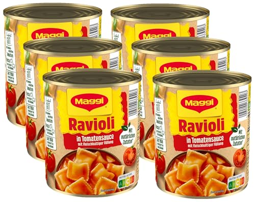 MAGGI Ravioli in Tomatensauce, Teigtaschen gefüllt mit würzigem Fleisch, in fruchtiger Tomatensauce, leckeres Fertiggericht, ideal für Camping, 6er Pack (6 x 800g) von Maggi