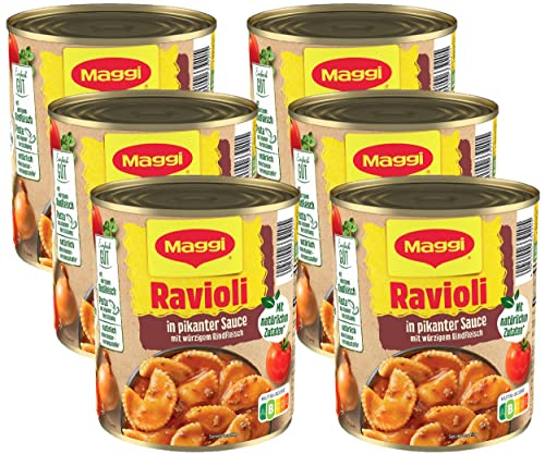 MAGGI Ravioli in pikanter Sauce, Teigtaschen mit Fleisch-Füllung, leckeres Fertiggericht für Topf & Mikrowelle, 6er Pack (6 x 800g) von Maggi