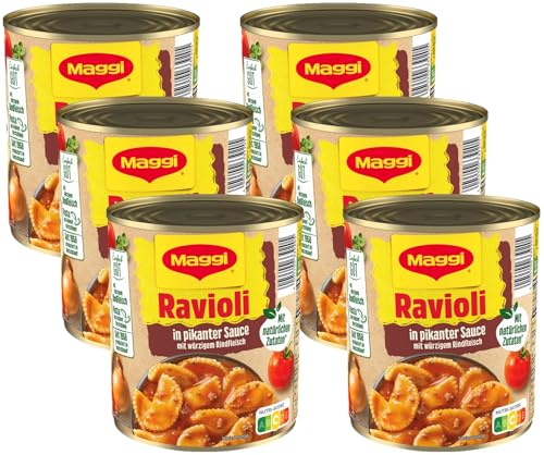 MAGGI Ravioli in pikanter Sauce, Teigtaschen mit Fleisch-Füllung, leckeres Fertiggericht für Topf & Mikrowelle, 6er Pack (6 x 800g) von Maggi