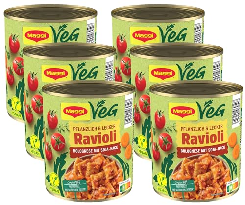 MAGGI Veg Ravioli Bolognese mit Soja-Hack: Teigtaschen in pflanzlicher Bolognese, ohne Fleisch (vegan), leckeres Camping Essen, 6er Pack (6 x 800g) von Maggi