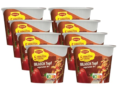 MAGGI 5 Minuten Terrine Gulaschtopf, leckeres Fertiggericht, Instant-Nudeln, mit pikantem Rindfleisch und ungarischen Kräutern, 8er Pack (8 x 57g) von Maggi