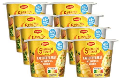 MAGGI 5 Minuten Terrine Kartoffelbrei mit Erbsen und Möhren, leckeres Fertiggericht mit Gemüse, Instant Kartoffel-Püree, Kartoffel-Snack, 8er Pack (8 x 43g) von Maggi