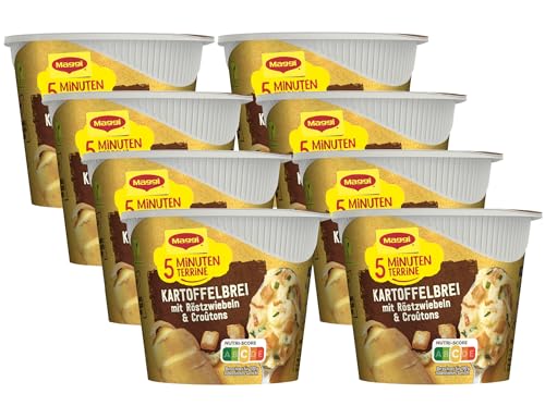 MAGGI 5 Minuten Terrine Kartoffelbrei mit Röstzwiebeln und Croutons, leckeres Fertiggericht, Instant Kartoffel-Püree, herzhafter Kartoffel-Snack, 8er Pack (8 x 56g) von Maggi