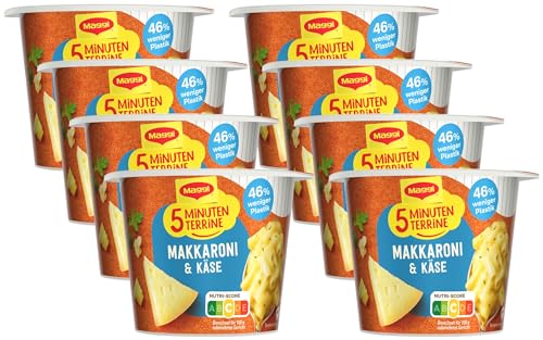Maggi 5 Minuten Terrine Makkaroni und Käse, leckeres Fertiggericht, Instant-Nudeln in cremiger Käsesauce, 8er Pack (8 x 63g) von Maggi