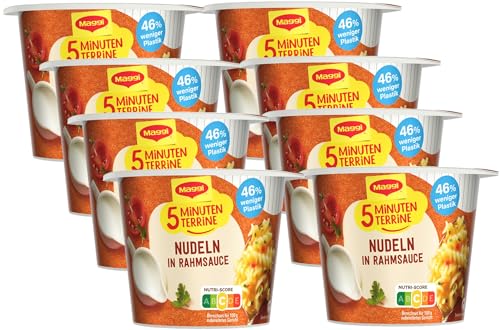 Maggi 5 Minuten Terrine Nudeln in Rahmsauce, leckeres Fertiggericht, Instant-Bandnudeln, mit sahnigem Rahm, 8er Pack (8 x 61g) von Maggi