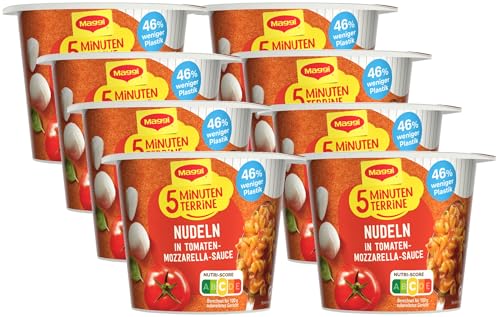 MAGGI 5 Minuten Terrine Nudeln in Tomaten-Mozzarella Sauce, leckeres Fertiggericht, Instant-Nudeln, mit Kräutern, 8er Pack (8 x 55g) von Maggi