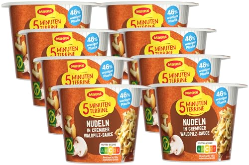 MAGGI 5 Minuten Terrine Nudeln in Waldpilzrahmsauce, leckeres Fertiggericht, Instant-Nudeln, mit Pilzen, 8er Pack (8 x 56g) von Maggi