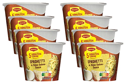 Maggi 5 Minuten Terrine Spaghetti in Käse-Sahne-Sauce, leckeres Fertiggericht, Instant-Nudeln, mit würzigem Speck & Parmesan, 8er Pack (8 x 62g) von Maggi