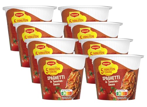 MAGGI 5 Minuten Terrine Spaghetti in Tomatensauce, leckeres Fertiggericht, Instant-Nudeln, 8er Pack (8 x 60g) von Maggi