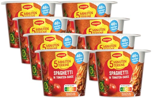 MAGGI 5 Minuten Terrine Spaghetti in Tomatensauce, leckeres Fertiggericht, Instant-Nudeln, 8er Pack (8 x 60g) von Maggi