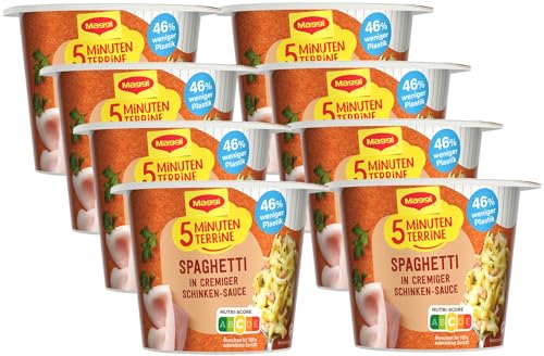 MAGGI 5 Minuten Terrine Spaghetti in cremiger Schinkensauce, leckeres Fertiggericht, Instant-Nudeln, Eiernudeln mit geräuchertem Speck, 8er Pack (8 x 64g) von Maggi