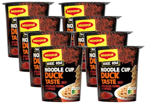 MAGGI Magic Asia Noodle Cup Duck, Instant-Nudeln mit Enten-Geschmack, leckeres Fertiggericht im praktischen Becher, mit Gemüse verfeinert, 8er Pack (8x63g) von Maggi