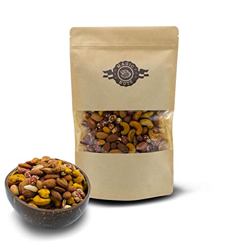 Magic Nuts Fitness Nussmix, geröstet mit Curry, Chili, Raucharoma, Sesam, Pfeffer und Zitronengeschmack, fettfrei leicht gesalzen, lecker gewürzt! (500g & 1kg) (500) (1) von Magic Nuts