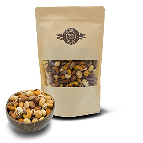 Magic Nuts Premium Nuss-Mix, geröstet und gesalzen Gemischte Nüsse, Studentenfutter, Macadamias, Mandeln, Cashewkernen, Pistazien, Haselnüsse (500g & 1kg) (1) von Magic Nuts