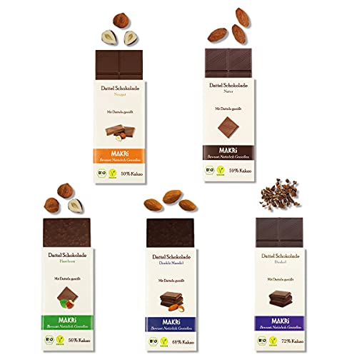MAKRi® BIO Dattel Schokolade (Probierpaket) Ohne raffinierten Zucker, Mit Datteln gesüßt, Vegan & Fair gehandelt (15) von Makri
