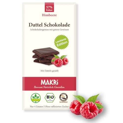 MAKRi® BIO Dattel Schokolade - ohne raffinierten Zucker, Mit Datteln gesüßt, Vegan & Fair gehandelt (1 Tafel, Himbeere 57%) von Makri