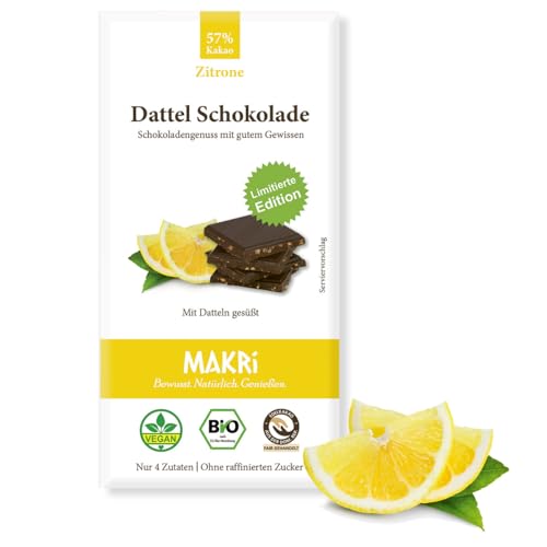 MAKRi® BIO Dattel Schokolade - ohne raffinierten Zucker, Mit Datteln gesüßt, Vegan & Fair gehandelt (1 Tafel, Zitrone 57%) von Makri