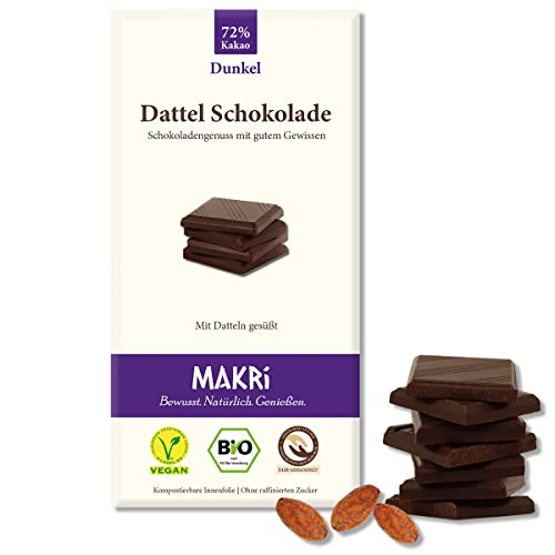 MAKRi® BIO Dattel Schokolade - ohne raffinierten Zucker, Mit Datteln gesüßt, Vegan & Fair gehandelt (Dunkel 72%, 1 Tafel) von Makri