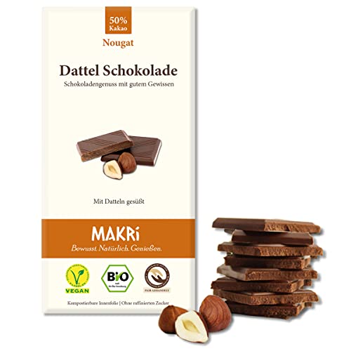 MAKRi® BIO Dattel Schokolade - ohne raffinierten Zucker, Mit Datteln gesüßt, Vegan & Fair gehandelt (Nougat 50%, 1 Tafel) von Makri
