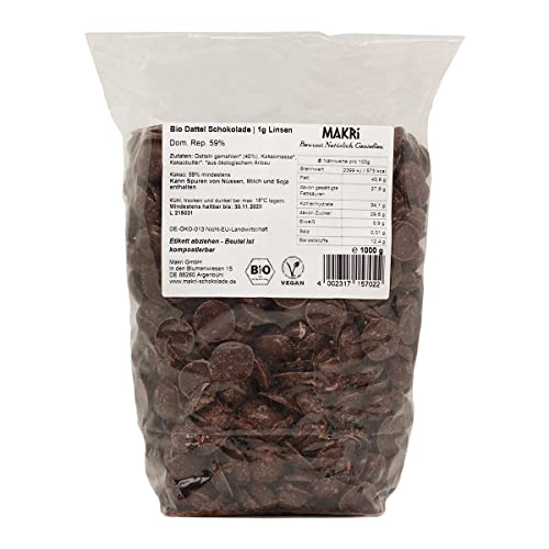 MAKRi® BIO Schokodrops - Dattel Schokolade ohne raffinierten Zucker (59% Kakao) mit Datteln gesüßt, Bio-Beutel, Vegan & Fair gehandelt (1kg) von Makri