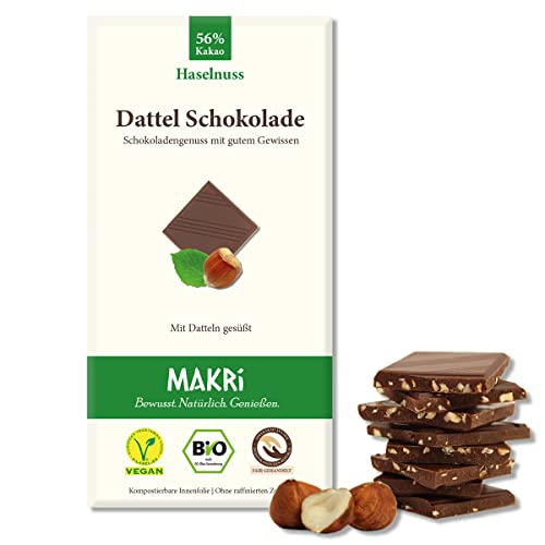 MAKRi® BIO Dattel Schokolade - ohne raffinierten Zucker, Mit Datteln gesüßt, Vegan & Fair gehandelt (Haselnuss 56%, 1 Tafel) von Makri