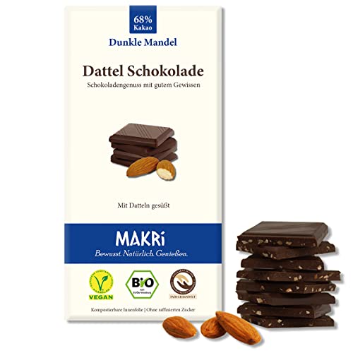 MAKRi® BIO Dattel Schokolade - ohne raffinierten Zucker, Mit Datteln gesüßt, Vegan & Fair gehandelt (Dunkle Mandel 68%, 1 Tafel) von Makri