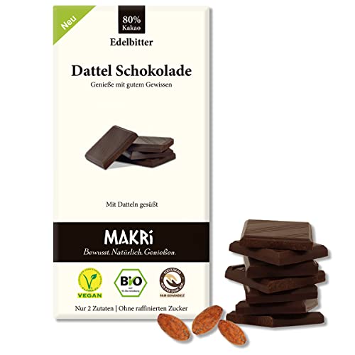 MAKRi® BIO Dattel Schokolade - ohne raffinierten Zucker, Mit Datteln gesüßt, Vegan & Fair gehandelt (Edelbitter 80%, 1 Tafel) von Makri