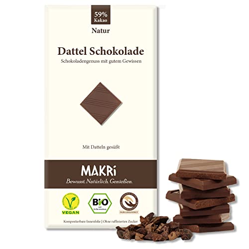 MAKRi® BIO Dattel Schokolade - ohne raffinierten Zucker, Mit Datteln gesüßt, Vegan & Fair gehandelt (Natur 59%, 10 Tafeln) von Makri