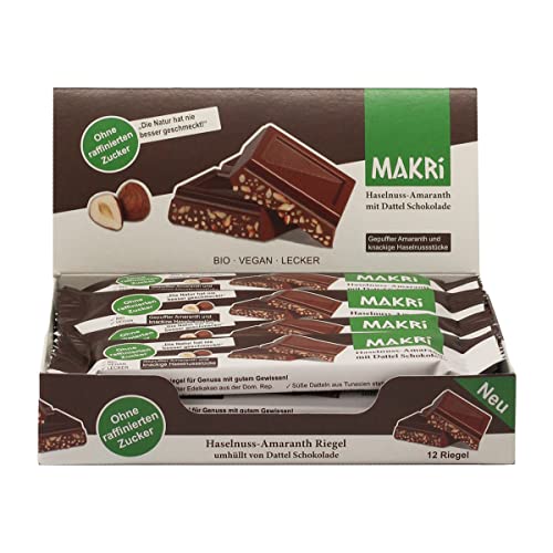 MAKRi® BIO Schokoriegel - ohne raffinierten Zucker, Haselnuss-Amaranth mit Dattelsüße, Vegan & Fair gehandelt (12 x 25 g) von Makri