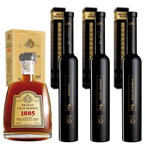 Connoisseur - Pack 4 Flaschen: PX Don Juan, Moscatel Don Salvador, Seco Trasañejo, Brandy Gran Reserva 1885 von Málaga Virgen