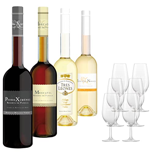 Design Range - Packung mit 4 Flaschen à 50 cl + 6 Weingläser - Süßwein (Pedro Ximenez, Muskateller) von Malaga Virgen