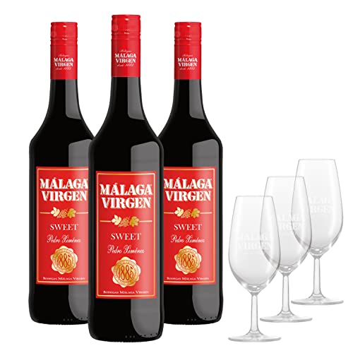 Malaga Virgen Sweet - Packung mit 3 Flaschen à 75cl + 3 Weingläser - Süßer Likörwein D.O. "Malaga" von Malaga Virgen