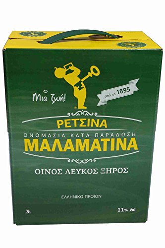 Retsina Malamatina 3 Liter Bag in Box mit Zapfhahn geharzter Weißwein aus Griechenland griechischer traditioneller Weiß Wein mit Harz von Malamatina